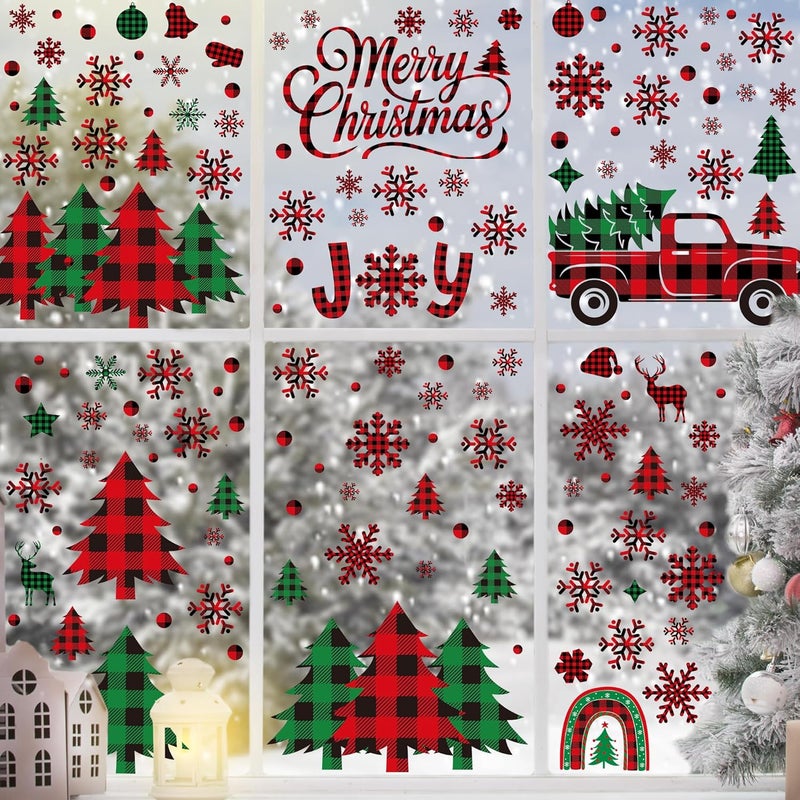 Traplace 217 PCS Merry Christmas Window Clings, Red Black Green Plaid Christmas Tree Patterned Decorations, Double Sided Snowflake Decals Stickers for Winter Xmas Party Home Indoor Decorations Decor - Image 5